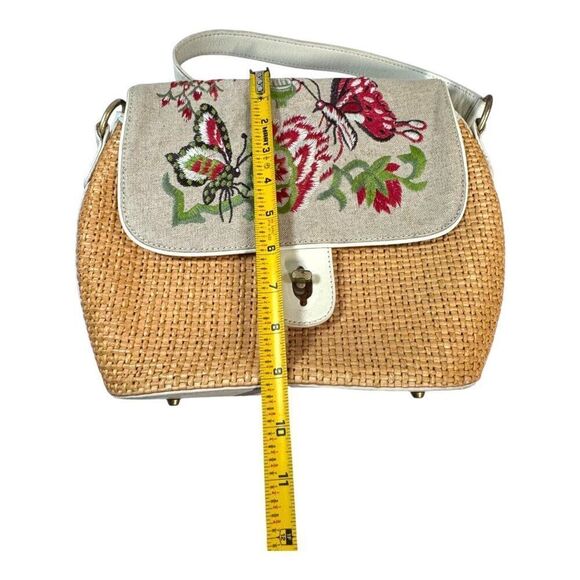 Kate Landry Embroidered Floral Flowers Butterfly Straw Wicker & Linen Handbag - Picture 6 of 10